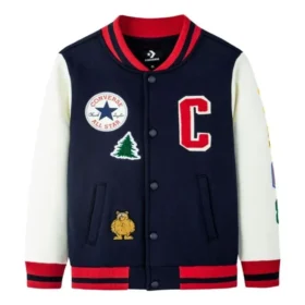 Baseballjacke mit Farbblock-Stickerei, asiatische Größen „Marineblau-Weiß-Rot“