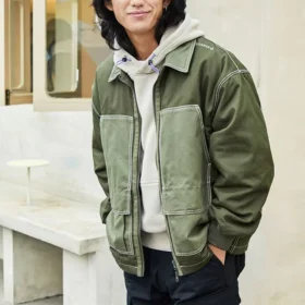 Colorblock-Cargojacke mit Taschen aus Canvas im Paar-Style, grasgrün Colorblock-Cargojacke mit Taschen aus Canvas im Paar-Style, grasgrün