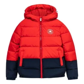 Daunenjacke mit Kapuze und Fleecefutter sowie Logo-Emblem, asiatische Größen „Rot Schwarz“