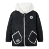 Kurzjacke aus Baumwolle mit abnehmbarer Kapuze und Farbblock-Design, asiatische Größen, „Schwarz-Weiß“