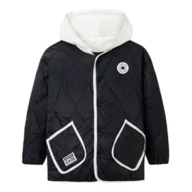 Kurzjacke aus Baumwolle mit abnehmbarer Kapuze und Farbblock-Design, asiatische Größen, „Schwarz-Weiß“