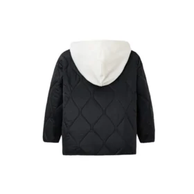 Kurzjacke aus Baumwolle mit abnehmbarer Kapuze und Farbblock-Design, asiatische Größen, „Schwarz-Weiß“