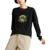 Langarm-T-Shirt mit Kaktus-Grafik, asiatische Größen, „Schwarz“