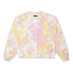 Washed Floral Baumwoll-Shirt mit Rundhalsausschnitt, asiatische Größen „Pink“
